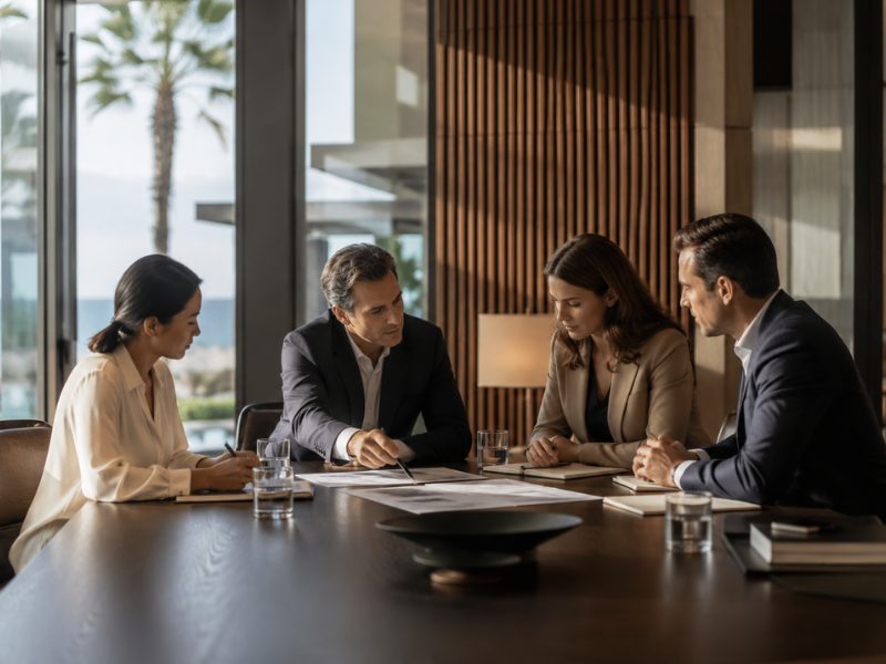 Executives collaborating in a bright luxury resort meeting room during a corporate offsite