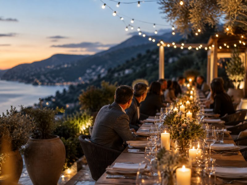 Private outdoor group dinner setup on a luxury resort terrace at dusk