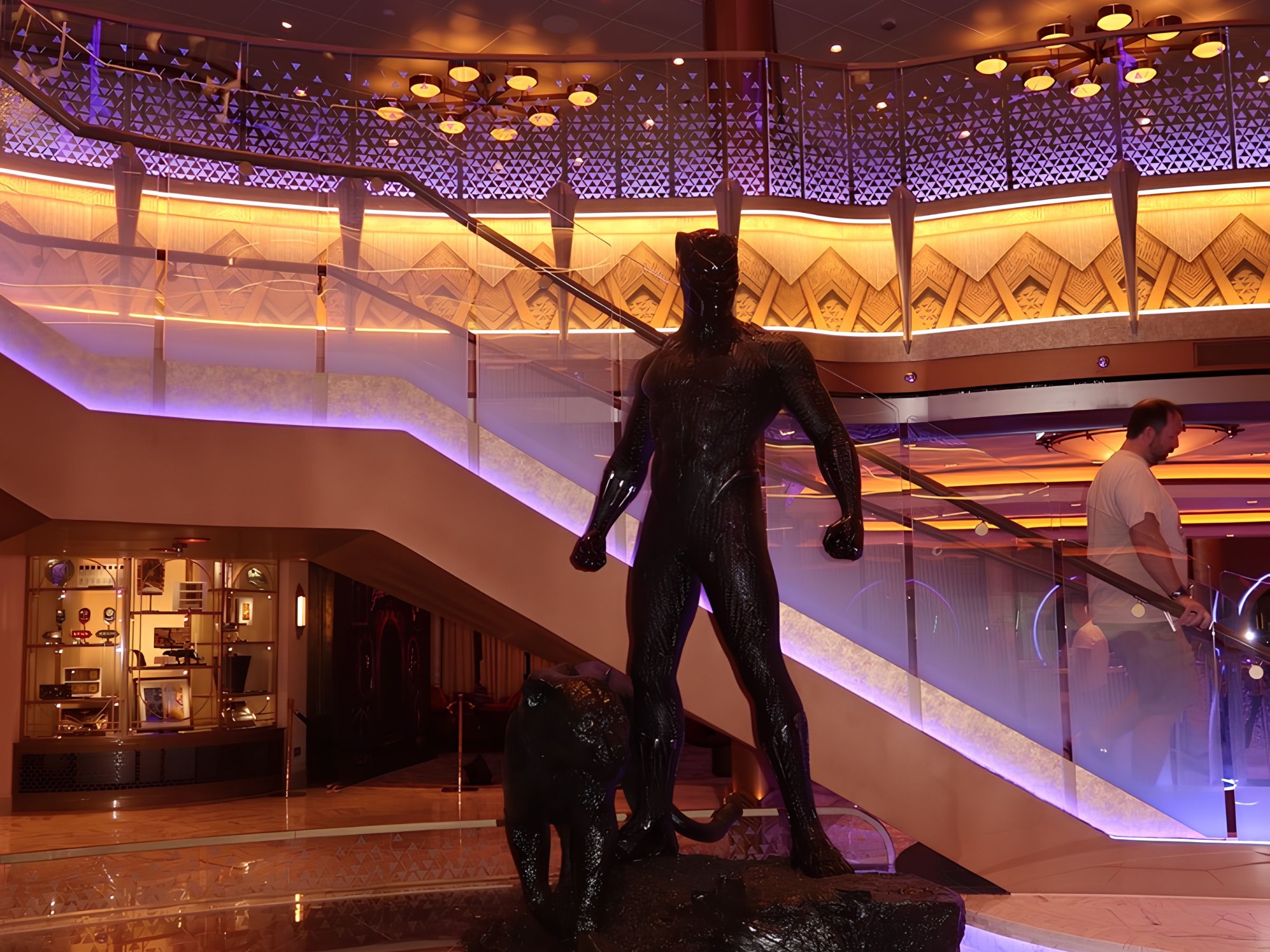 Grand Hall aboard the Disney Destiny with the Black Panther statue