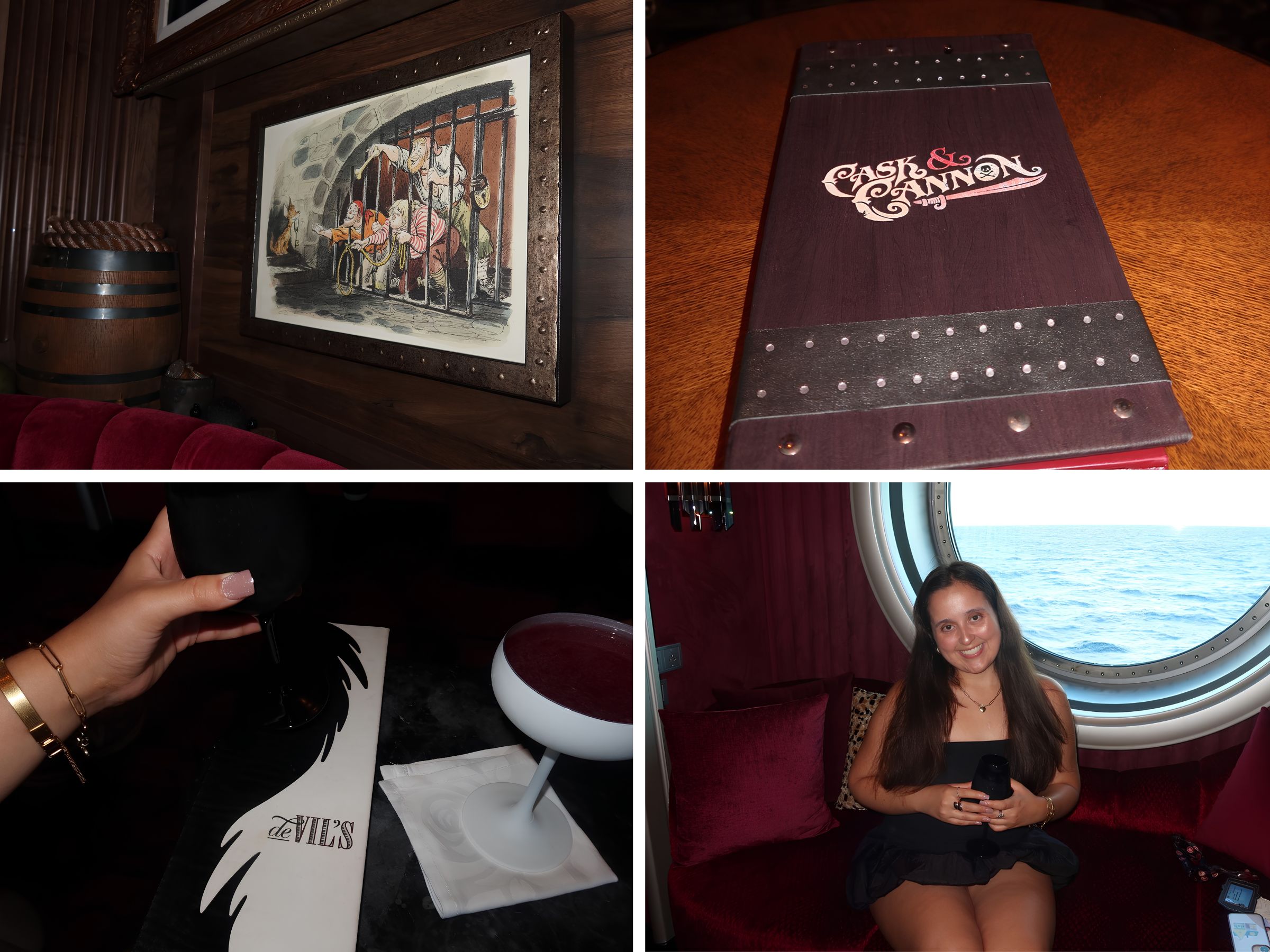 De Vil's lounge on the Disney Destiny with cocktails and Cruella theming