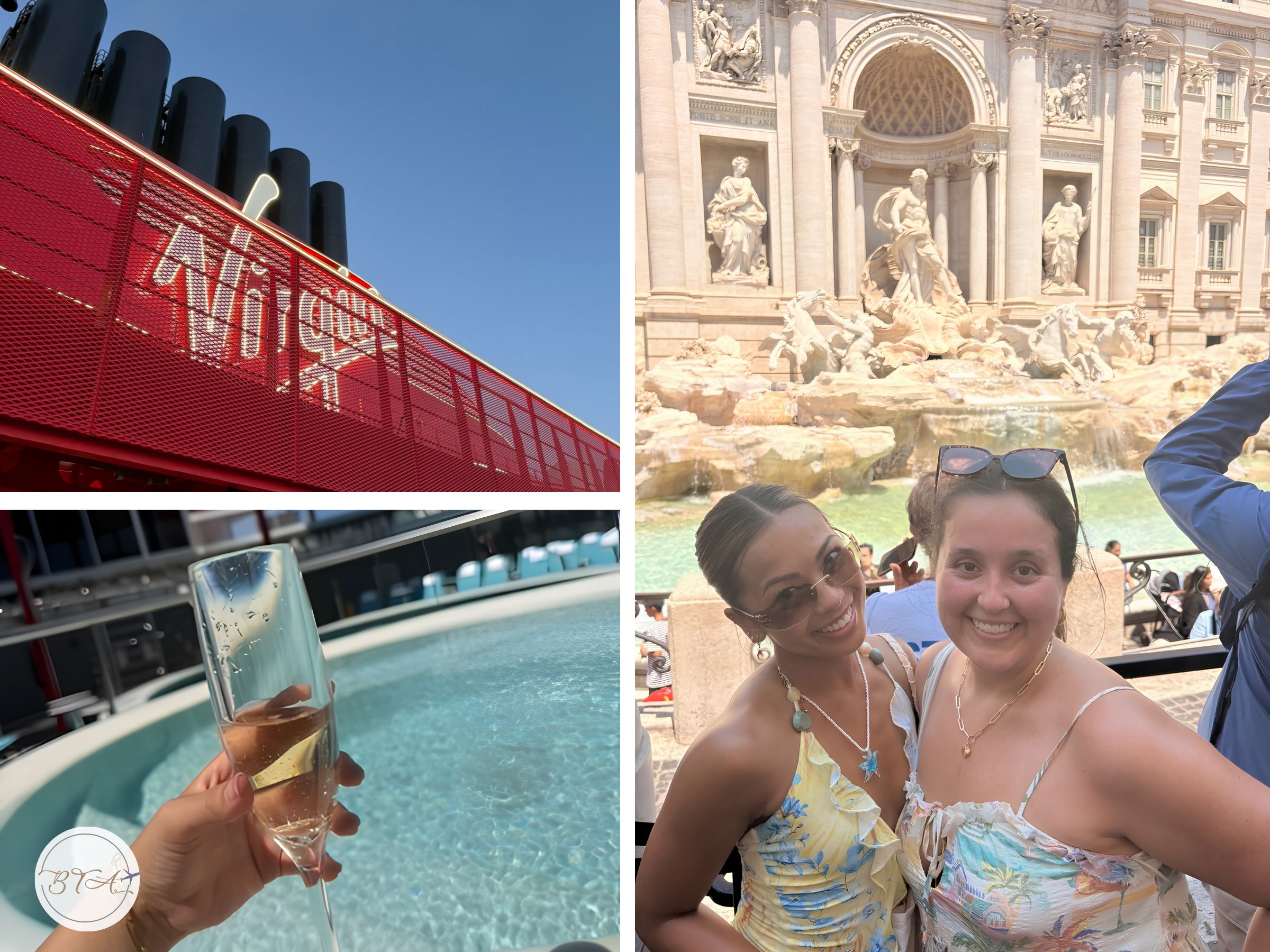 Highlights from a Virgin Voyages Valiant Lady Mediterranean cruise: the ship, a hot tub on deck, and the Trevi Fountain in Rome