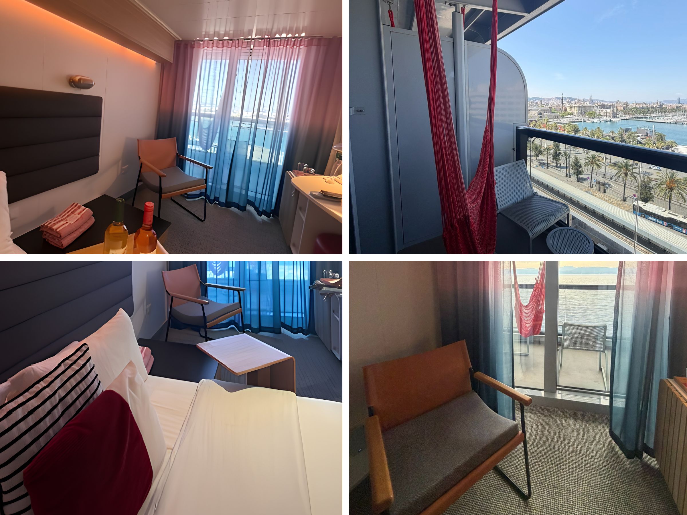 Central Sea Terrace cabin on Valiant Lady with the red hammock on the balcony overlooking Barcelona