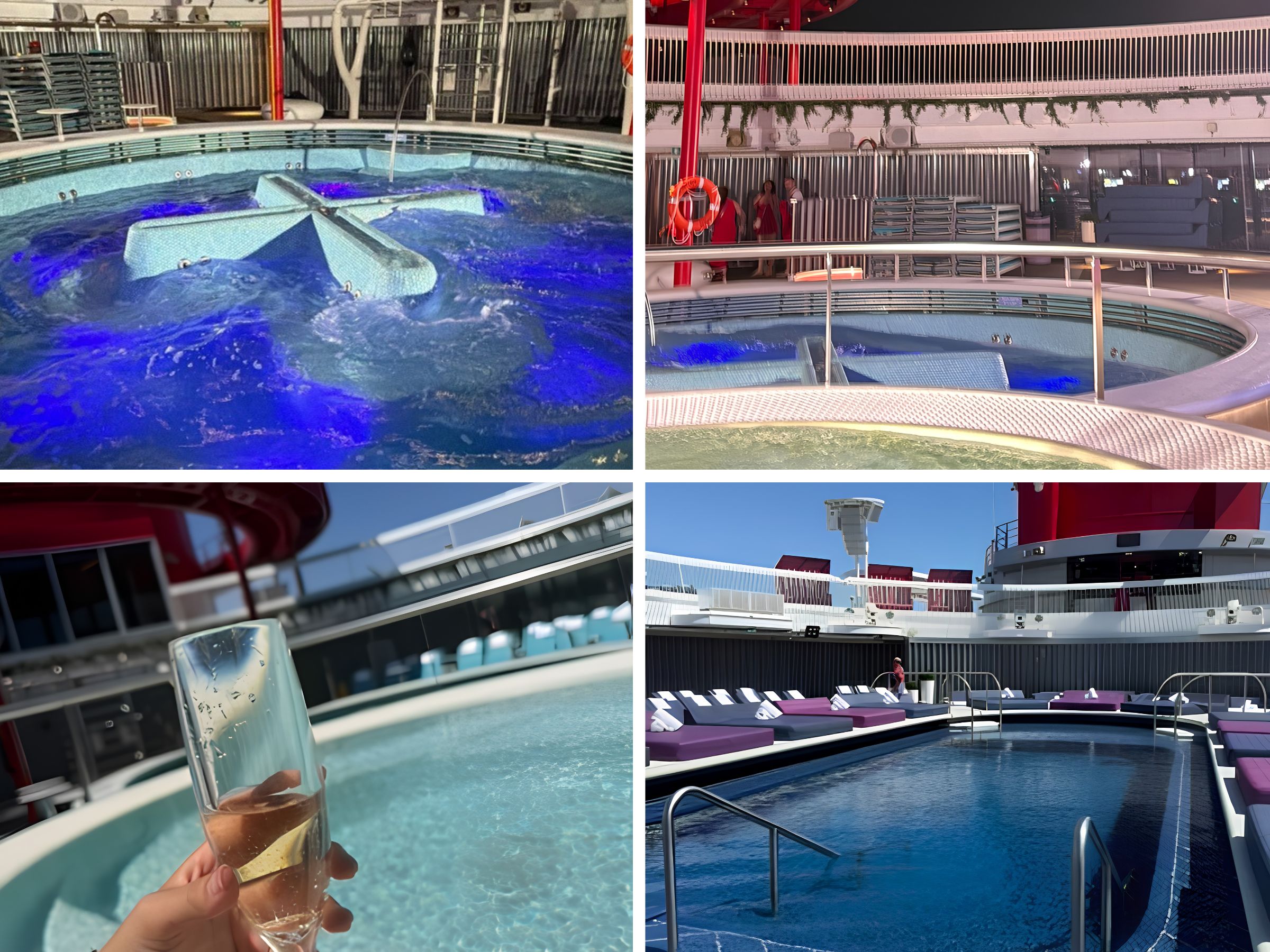 The two pool areas and hot tubs on the Valiant Lady pool deck