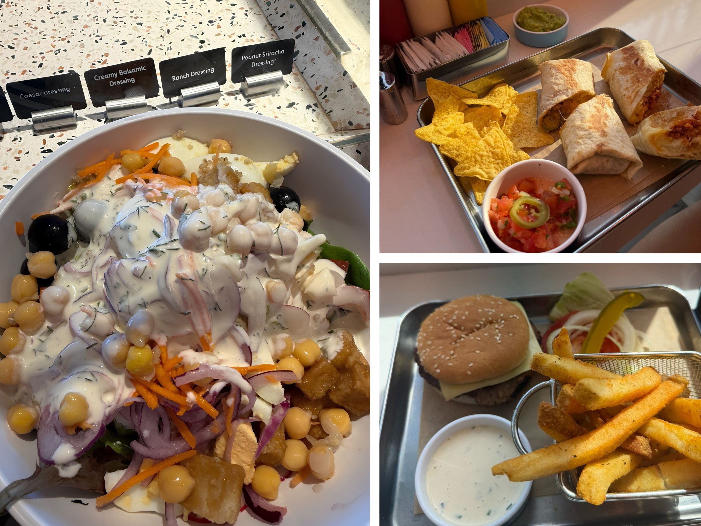 Salad bar, burritos, and a veggie burger with ranch from The Galley on Valiant Lady