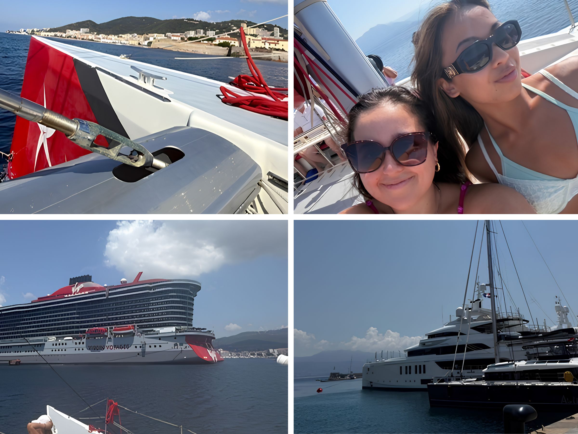 Catamaran excursion off Ajaccio, Corsica, with Valiant Lady docked in the background