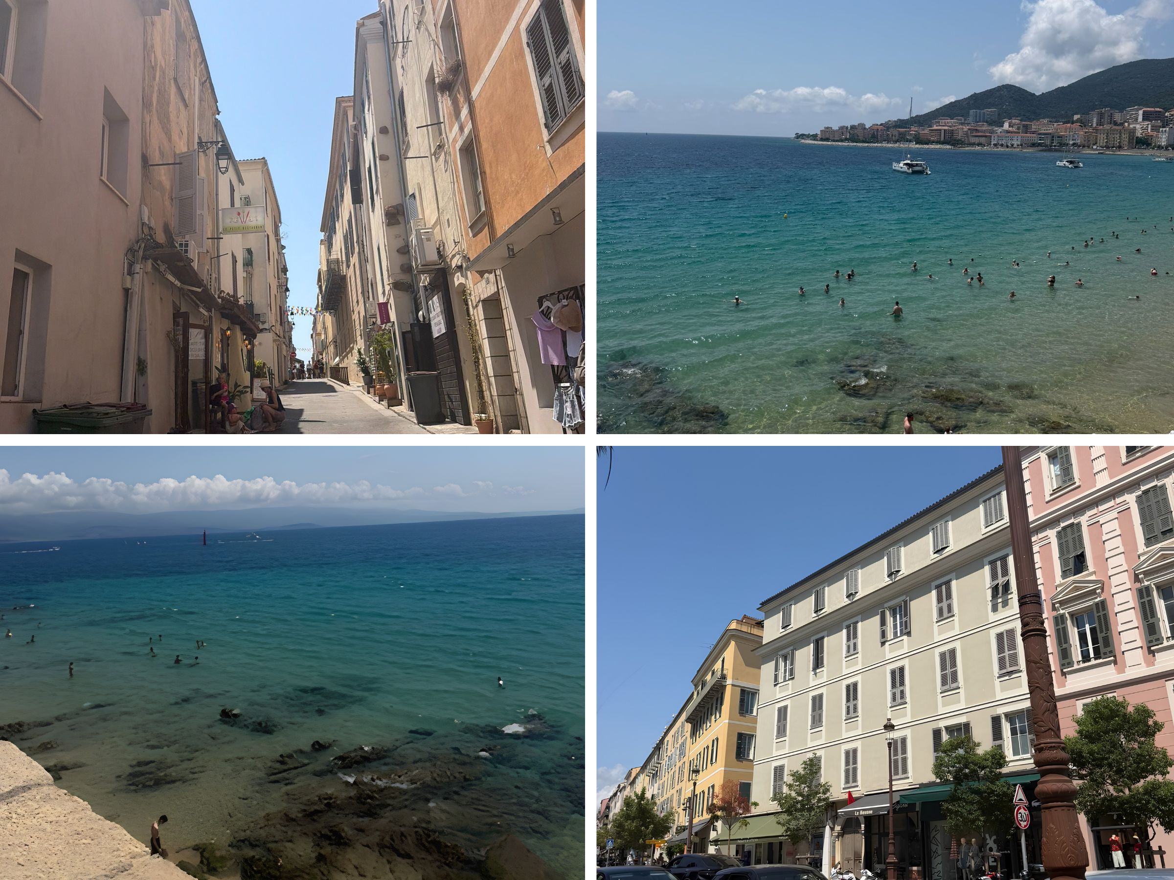 Clear shallow water at Plage Saint-François and the old town streets of Ajaccio, Corsica